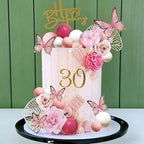 35pcs Flower Cake Toppers Butterfly Cake Decorations Happy Birthday Cake Toppers with Artificial Rose Flowers Gold Ginkgo Leaves for Birthday Wedding Supplies