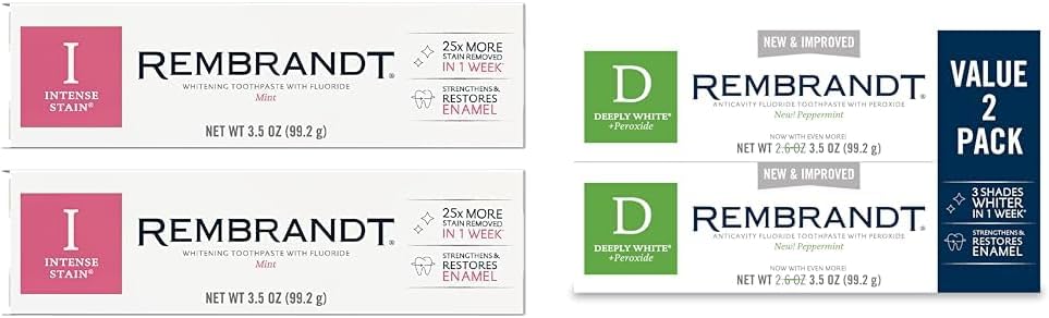 REMBRANDT Intense Stain Whitening Toothpaste with Fluoride, Removes Tough Stains & Deeply White + Peroxide Whitening Toothpaste, Peppermint Flavor, 3.5-Ounce (Pack of 2)