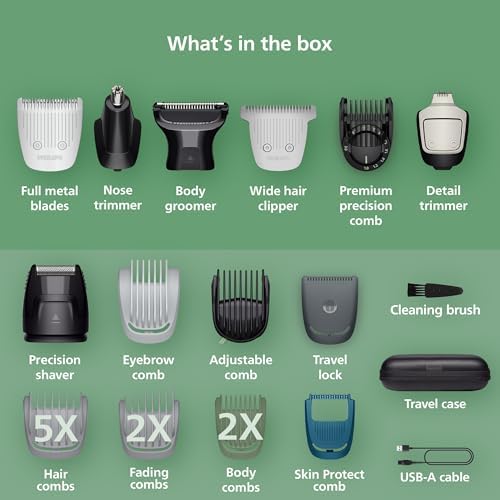 Norelco Philips All-in-One 9000 Series 23-Piece Trimmer - Electric Shaver and Clipper for Face, Beard, Head & Body, Self-Sharpening Full Metal Blades, 29 Length Settings (0.5-16 mm), MG9575/49