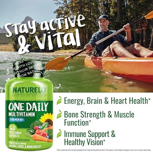 NATURELO Mens Multivitamins for Men 50+ - One Daily Multivitamin for Men with Vitamins, Minerals & Organic Whole Foods, Boost Energy & Health, Non-GMO, 60 Vegetarian Capsules