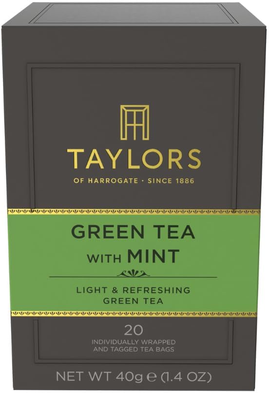 Taylors of Harrogate Green Tea with Mint, Individually Wrapped Bags, 20 Count (Pack of 1), Refreshing, Light & Lively, Caffeinated, Enjoy Hot or Iced, 20 Teabags