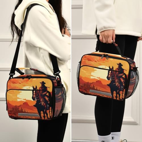 Western Cowboy Sunset Insulated Lunch Box for Women Men - Fit for Work, Picnics, and Summer Outings - Includes Adjustable Shoulder Strap