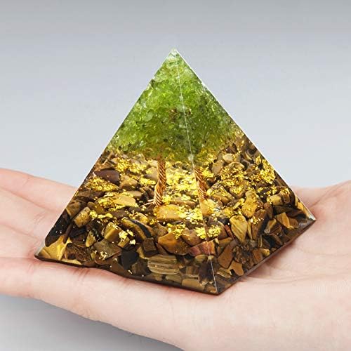 Nupuyai Tree of Life Peridot and Tiger's Eye Crystal Orgone Pyramid Stone for Protection, Reiki Healing Chakra Meditation Energy Generator for Home Decor