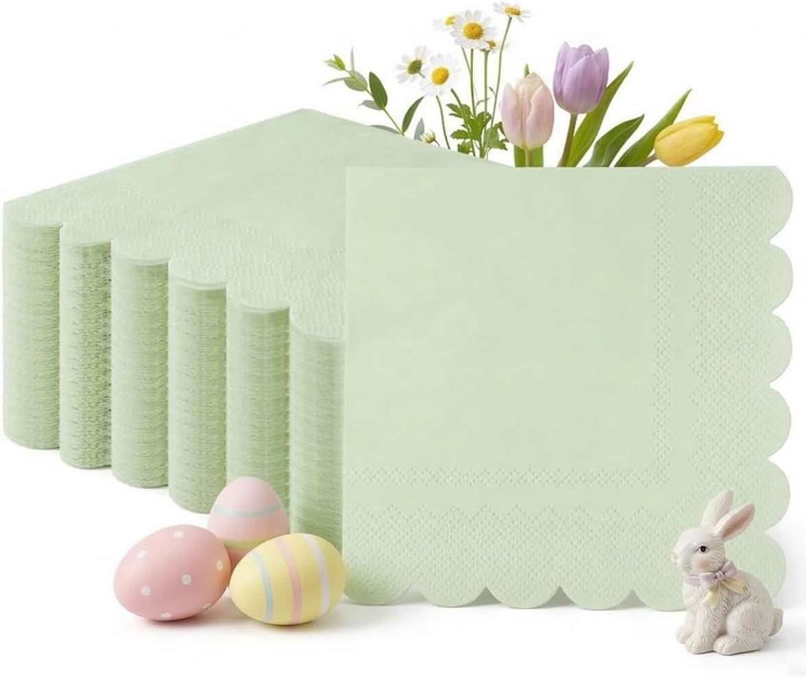 Goodluck 100-Pack Scalloped Cocktail Napkins, 2-Ply, 5 x 5 Inches Disposable Dessert Napkins for Wedding, Birthday, Valentine's Day, and Baby Christening Party Decorations (Sage Green)