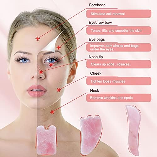 YYZP Natural Rose Quartz ChineseGuaSha Board,Scraping Massage Tools for Acupoint Trigger Point Treatment, Suitable for Facial, Body Care, 3 Set