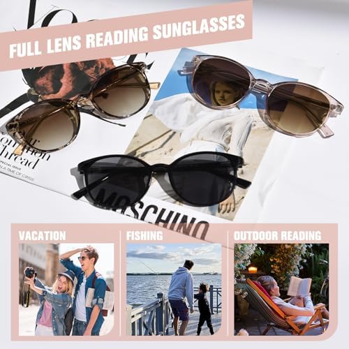 OPTOFENDY Reader Sunglasses for Women, TR90 Round Full Lens Outdoor Reading Sunglasses with Spring Hinge, UV400 Protection