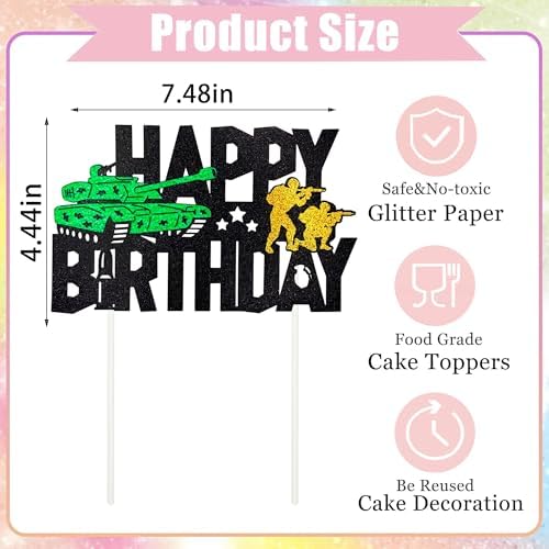 Tank Happy Birthday Cake Topper - Glitter Tank Soldier Cake Decoration for Army Soldier Military Theme Party, Birthday Party Cake Decor Supplies
