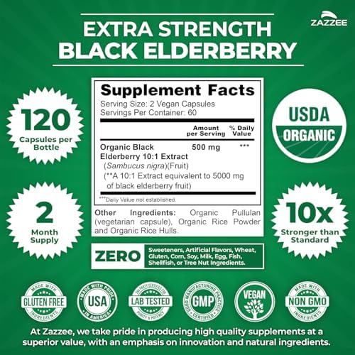 Zazzee USDA Organic Black Elderberry 10:1 Extract, 120 Vegan Capsules, 2 Month Supply, Sambucus Nigra, Antioxidant & Immune Support, Concentrated 10X Extract, All-Natural, Non-GMO, Made in the USA