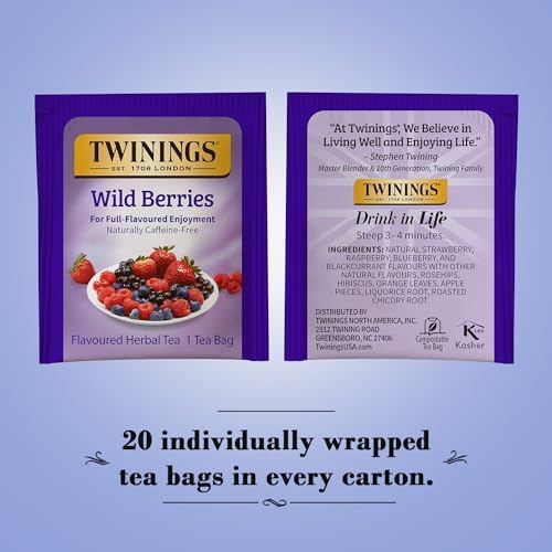 Twinings Wild Berries Tea - Naturally Caffeine-Free Herbal Infusion Bursting with Fresh and Uplifting Berry Flavours, Individually Wrapped Tea Bags, 20 Count (Pack of 2)