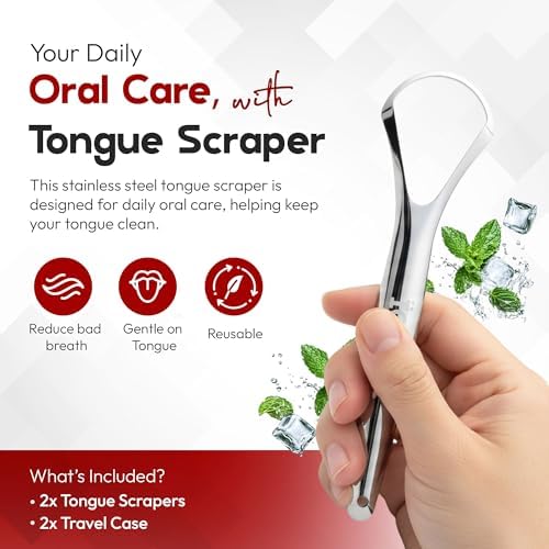 Tongue Scraper for Adults with Hygienic Mini Case (2 Pack) For Daily and travel use – Stainless Steel Metal Tongue scraper/Cleaner to Reduce Bad Breath and Improve Oral Hygiene