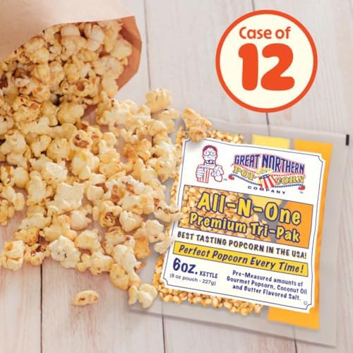 Case of 12 Popcorn Packs - All-In-One Kit with 6-Ounces of Pre-Measured Kernels, Salt, and Oil Packets for Popcorn Machines by Great Northern Popcorn