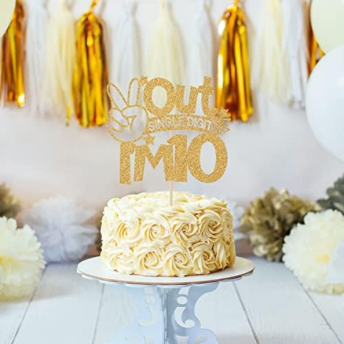 Out Single Digits I'm 10 Cake Topper, Double Digits 10, for Boys Girls 10th Birthday Decorations, Happy 10th Bithday Decorations Gold Glitter