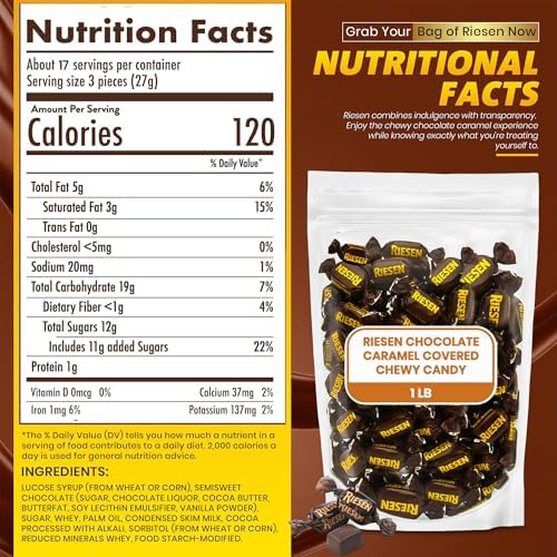 Riesen Dark Chocolate Covered Chewy Caramel Candy - 1 lb Bulk Bag, Individually Wrapped Rich Dark Chocolate Pieces