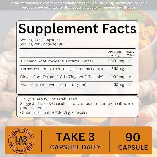 4 in 1 Organic Turmeric Capsules High Strength and Black Pepper with Active Curcumin with Ginger 1500mg - Advanced Tumeric - Each 90 Veg Capsule (3 Capsules per Serving)