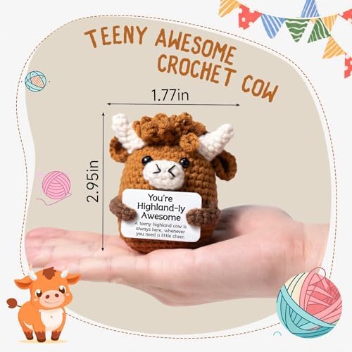 Highland Cow Gifts, Positive Crochet Animals with Positive Messages, Emotional Support Highland Cows of Desk Decor for Women Men Coworker Friends, Awesome Crochet Cow Gifts for Birthday