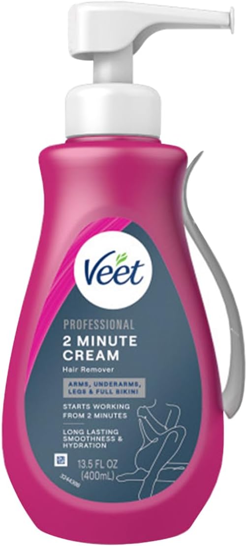 Veet Professional 2 Minute Cream for All Skin Types with Shea Butter, Full Bikini & Pubic Hair Removal, Dermatologically Tested, 13.5 FL OZ Bottle w/Spatula
