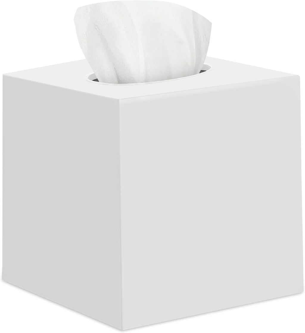 White Tissue Box Cover – Square Tissue Box Holder for White Bathroom Accessories Countertop, Decorative Tissue Cover and Square Cube Holder for Modern Home, Office or Dresser Décor
