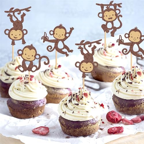 24Pcs Glitter Brown Monkey Cupcake Toppers Cute Monkeys Cupcake Picks for Baby Shower Boys Girls Monkey Birthday Party Cake Cupcake Decorations Supplies