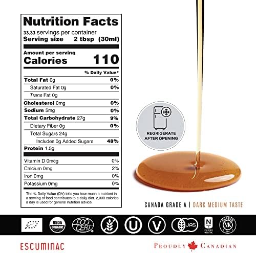 Escuminac Organic Canadian Maple Syrup – Great Harvest, Medium Rich Taste, 33.8 fl oz Family Size Bottle – 100% Pure, Grade A, Single Origin from Quebec