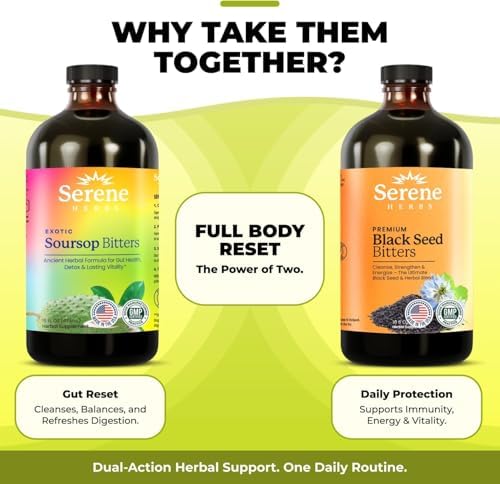 Serene Herbs Soursop Bitters Liquid & Black Seed Bundle – Organic Herbal Guanabana for Digestive Support & Immune Health – Vegan, Non-GMO – 32 oz (16 oz Each), 32 Servings