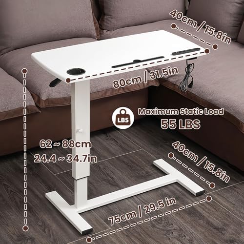 Overbed Table with Adjustable Height, Hospital Bed Table with Wheels, Rolling Bedside Table Pneumatic Mobile Standing Laptop Desk with USB Charging and Cup Holder