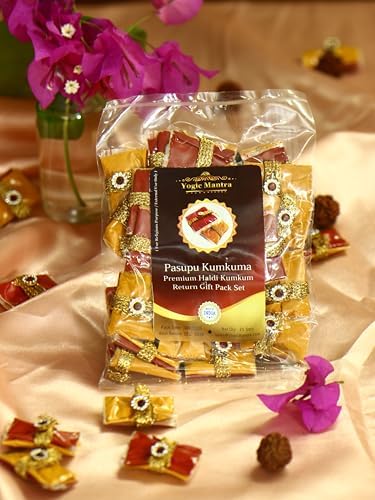 Yogic Mantra Pasupu Kumkuma Return Gift Packets | Set of 25 Haldi Kumkum Mini Packs | Premium Kumkum and Turmeric Powder Combo | Indian Thamboolam Set for Durga Puja | Thambulam Give Away Pooja Gifts