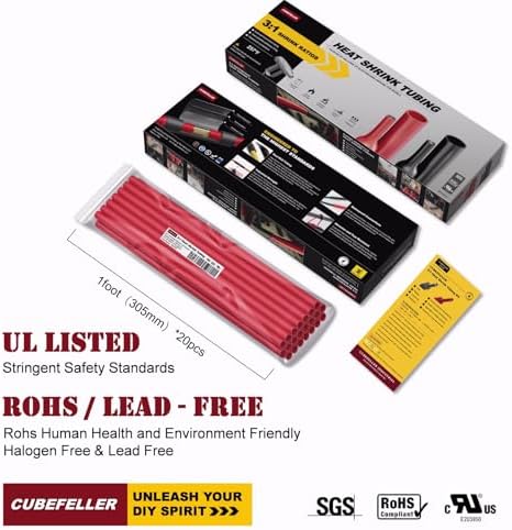 CUBEFELLER® 3:1 Ratio 1/8 Inch (3.2mm) Red Heat Shrink Tubing - 20ft (6.1M Total Length), Marine Grade Waterproof Adhesive Lined, Insulation Sealing Oil-Proof Wear-Resistant,ET2032R