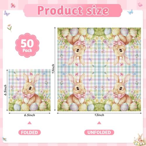 NatNarr 50 Pcs Easter Paper Napkins, 6.5 x 6.5 Inch Cute Bunny Napkins Disposable Pastel Plaid Eggs Easter Cocktail Napkin for Decoupage, Spring Party, Baby Shower