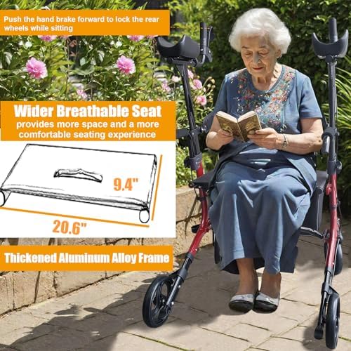 Aliseniors Upright Walker for Seniors - Big Stand Up Walker with Wide Seat, Foldable 4 Wheel All-Terrain Rolling Walker, Adjustable Armrests, 300lbs, Improves Posture & Reduces Back Strain