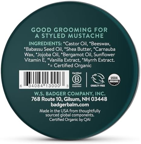 Badger Mustache Wax, Medium Hold, Light Masculine Scent, Easy to Apply, Certified Organic Versatile Moustache & Beard Wax, .75 oz Tin