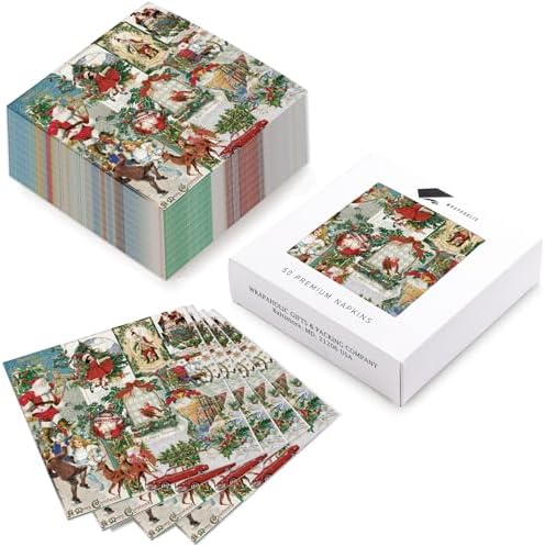 WRAPAHOLIC 50Pcs Christmas Paper Napkins - 3 Ply Vintage Santa Pattern Disposable Luncheon Napkin for Christmas, Holiday, Party Celebration - 6.5 x 6.5 In