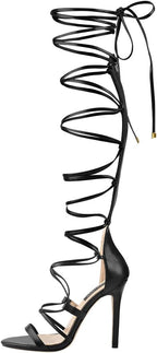 LISHAN Womens Gladiator Knee High Sandals Open Toe Lace Up Criss Cross Strappy Stiletto Heels