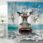 TOMOZ Funny Animal Shower Curtain, Cool Raccoon Riding Shark Theme Ocean Shower Curtain for Bathroom, Fun Nautical Kids Children Fabric Bath Curtain with 12 Hooks 69 x 84Inch