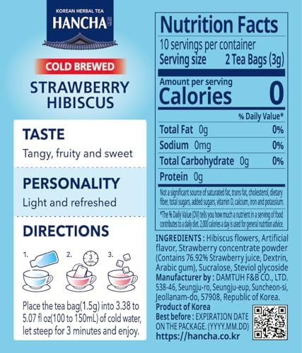 Damtuh Strawberry Hibiscus Cold Brew Tea Bags – Refreshing Fruit Herbal Tea with Real Hibiscus Flowers & Strawberry Flavor – Caffeine-Free Iced Tea for Summer Hydration (1.5g x 20 Count)