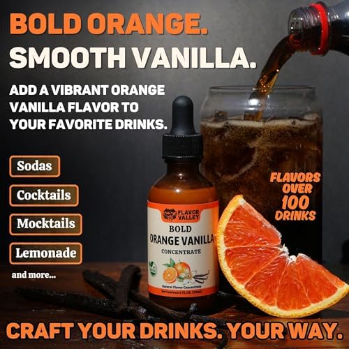 FLAVOR VALLEY Orange Vanilla Concentrate | Flavor Over 100 Drinks, Sodas, Cocktails, Mocktails – Bright Citrus & Smooth Vanilla | Non GMO | Unsweetened - Just Pure Flavor