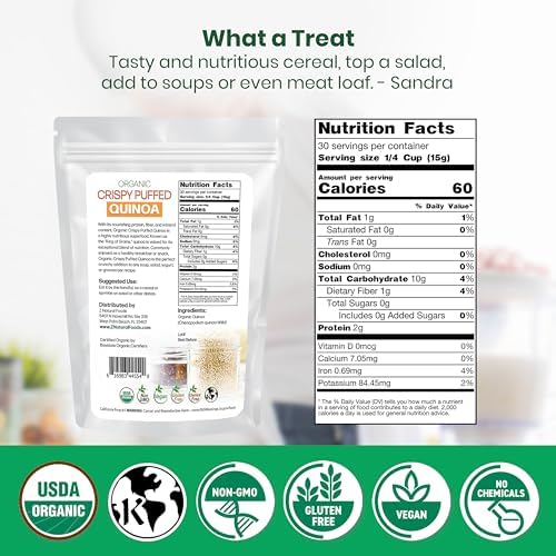 Z Natural Foods Organic Crispy Puffed Quinoa - Real Crisped Quinoa Vegan Superfood - Healthy Quinoa Crisps Snacks for Adults & Kids - Crispy Quinoa Puffs for Baking, Snacks, Yogurts, Gluten-Free, 1 lb