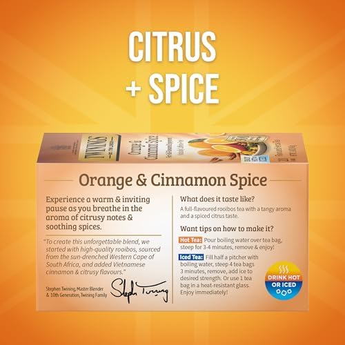 Twinings Orange & Cinnamon Spice Herbal Tea Individually Wrapped Bags, 20 Count (Pack of 1), Naturally Caffeine-Free, Enjoy Hot or Iced, 20 Teabags