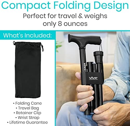 Vive Folding Cane - Foldable Walking Cane for Men, Women - Fold-up, Collapsible, Lightweight, Adjustable, Portable Hand Walking Stick - Balancing Mobility Aid - Sleek, Comfortable