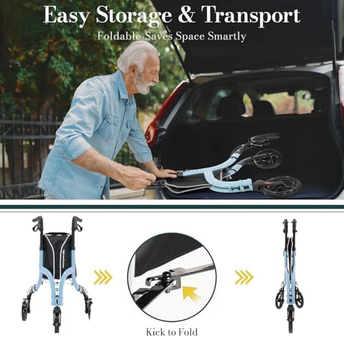 3 Wheel Walkers for Seniors, Lightweight Rollator Walkers Foldable for Elderly with Cane Hold and Cup Hold, Height Adjustable Aluminum Three Wheel Rolling Walker Mobility Aid, Blue
