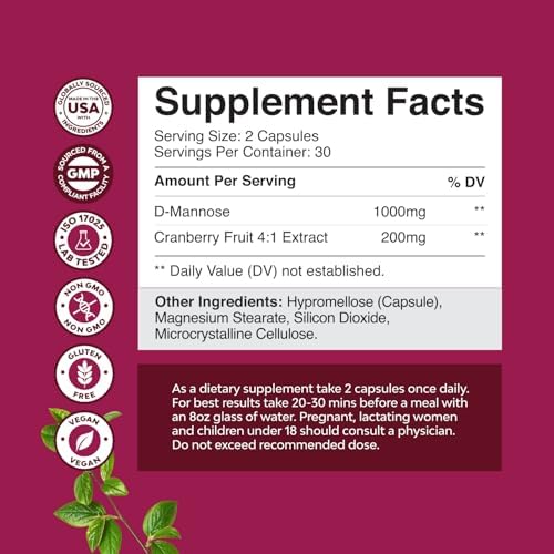 D Mannose with Cranberry Supplement - D Mannose 1000mg per Serving Capsules for Kidney Defense Support & Cleanse and Urinary Tract Health for Women & Men - Adults Bladder Health Supplement - 60 Count
