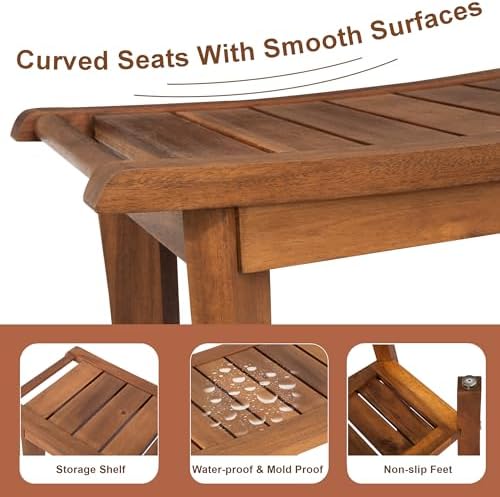 Shower Stool Wood, 2-Tier Wooden Shower Bench for Inside Bathroom Sitting, Heavy Duty Chair with Storage Shelf, Acacia Wood Waterproof - Natural