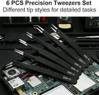 Rackii Precision Tweezers Set, 6 PCS ESD Safe Anti-Static Stainless Steel Tweezers, Non-Magnetic Fine Tip Tweezers for Electronics Repair, Soldering, Jewelry Making, DIY Crafts, Laboratory