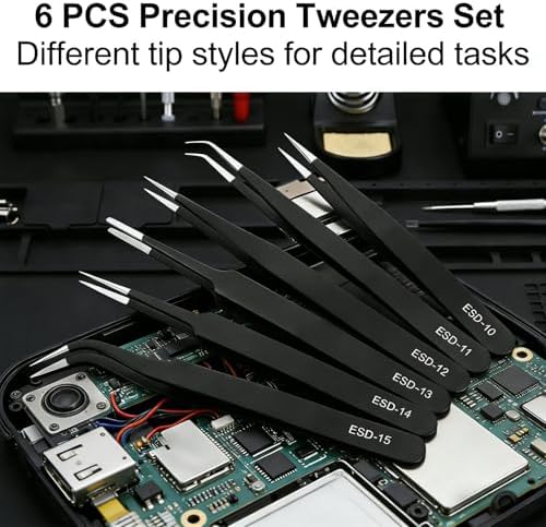 Rackii Precision Tweezers Set, 6 PCS ESD Safe Anti-Static Stainless Steel Tweezers, Non-Magnetic Fine Tip Tweezers for Electronics Repair, Soldering, Jewelry Making, DIY Crafts, Laboratory