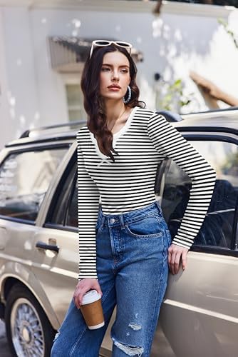 Ekouaer Long Sleeve Shirts for Women V Neck Basic Ribbed T Shirt Thermal Undershirts Slim Fit Casual Tee Tops