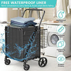 Folding Shopping Cart for Groceries,360 lbs Capacity Grocery Cart with Waterproof Liner and 360° Swiveling Wheels Collapsible Shopping Carts with Double Basket for Condo Laundry Transport Trip