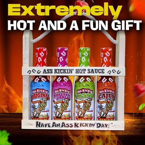 ASS KICKIN' Premium Hot Sauce Bottles Gourmet Gift Set with Wooden Bottle Holder – 5 oz. 4 Pack - Try if you dare! – Perfect Gourmet Christmas Gifts and Stocking Stuffers for the Hot Sauce Fan