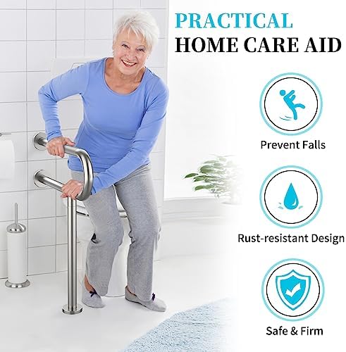 Toilet Support Rail 23.4X 28 Inch, Munzong Anti-Slip Satin Brushed Nickel Handicap Grab Bar for Bathroom, Stainless Steel Knurled Safety handrails with Leg for Elderly Disabled Pregnant-1.25’Tube