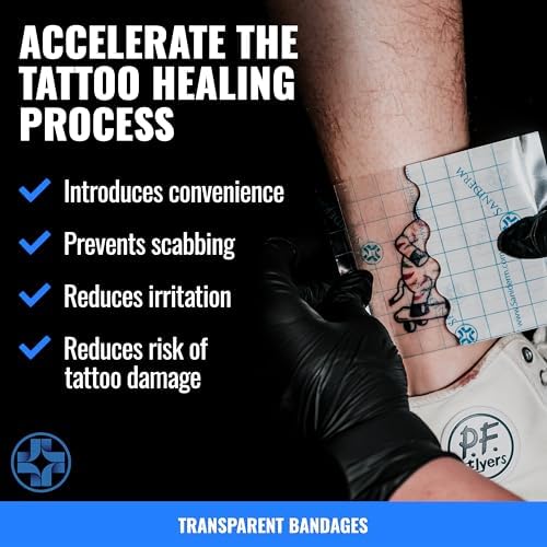 Saniderm Tattoo Aftercare Bandage 3 Sheets (Large Pack, 8 in x 10 in) – Convenient, Faster Tattoo Healing and Protection – Sterile, Waterproof, and Latex-Free
