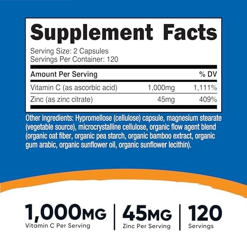 Nutricost Vitamin C with Zinc Capsules, 120 Servings - 1000mg, 45mg Zinc, Non-GMO, Gluten Free Vitamin C Supplement