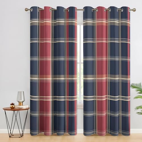 Plaid Tartan Curtains for Bedroom Decor, 96 Inches Long, Red Navy Blue Checkered Scottish Pattern Design Blackout Drapes, Plaid Tartan Curtains for Living Room, 2 Panels Set (E&-1795)